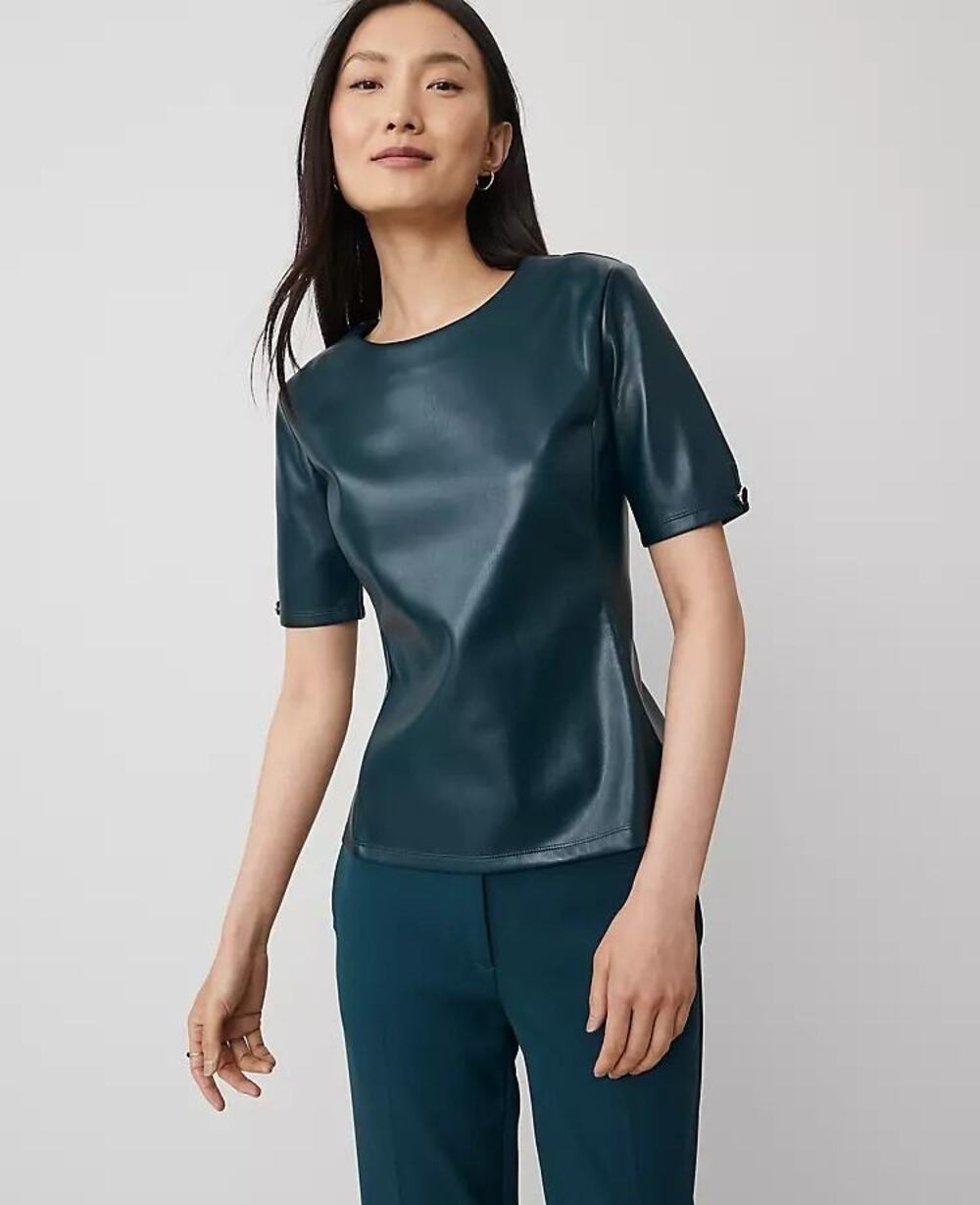 NWT Ann Taylor Faux Leather Peplum Top XS - Deep Teal / Forest Green